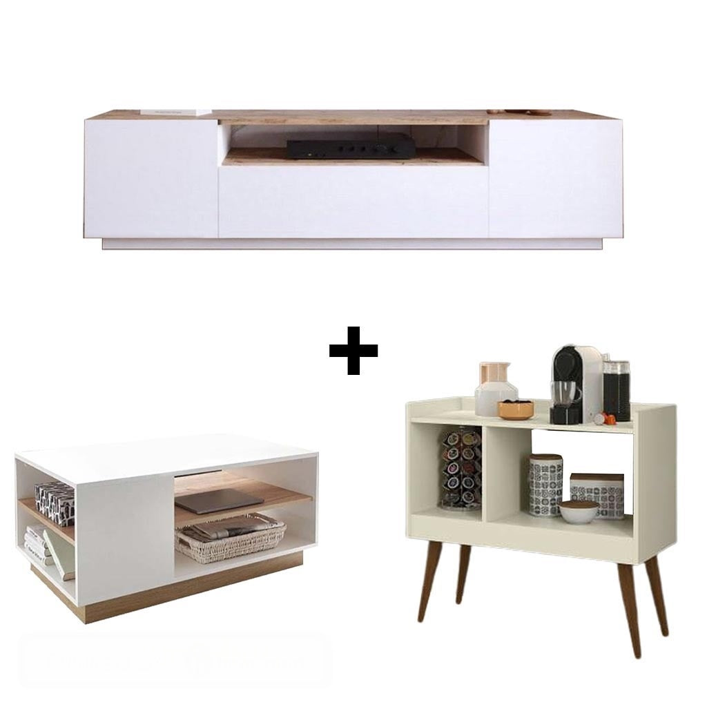 Spanish MDF wood TV unit & table set - brown and white - set 135