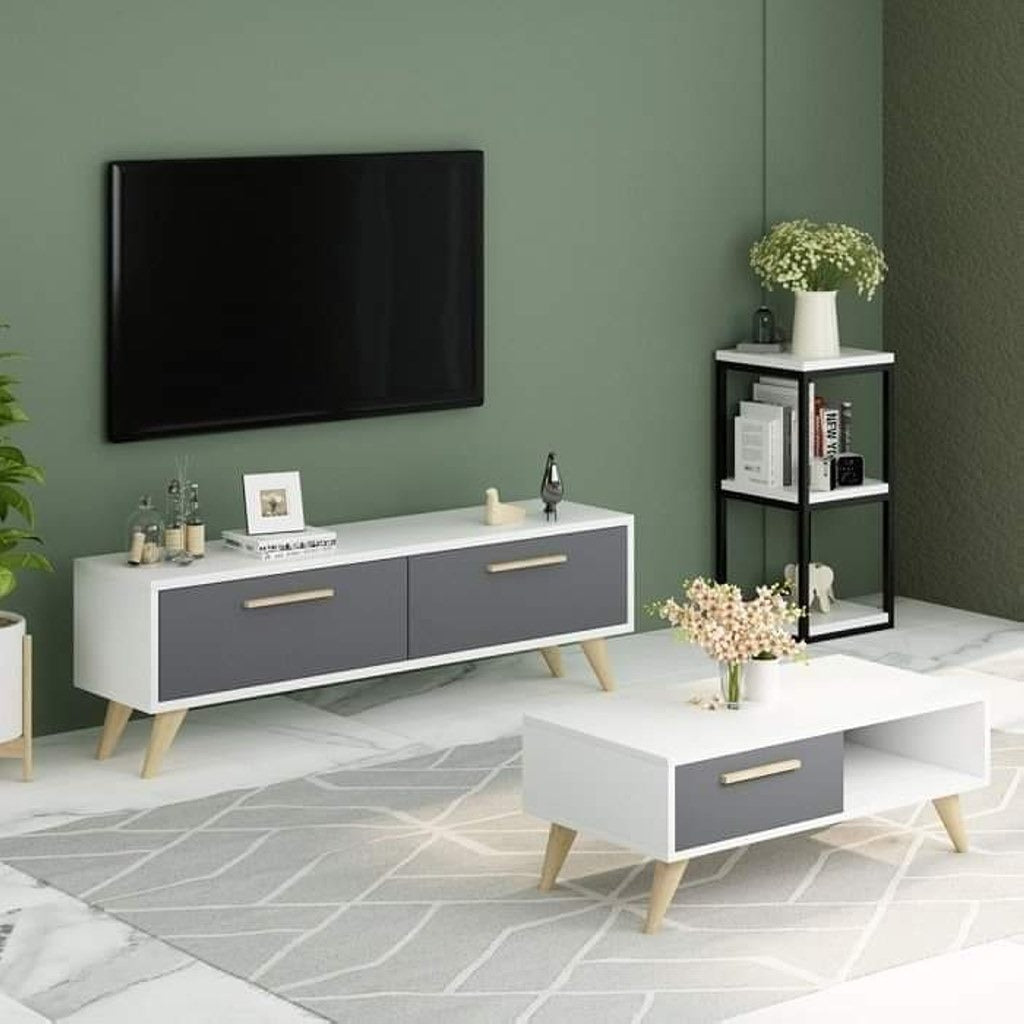 TV unit and coffee table, EU wood, two pieces - white and dark gray - set 134