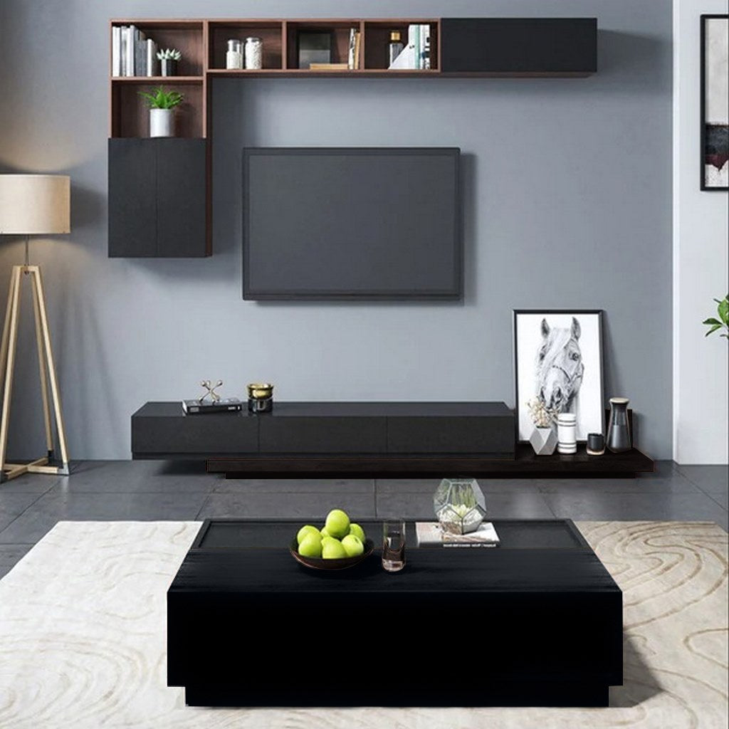 TV unit and coffee table, black MDF wood - 2 pieces - set 127