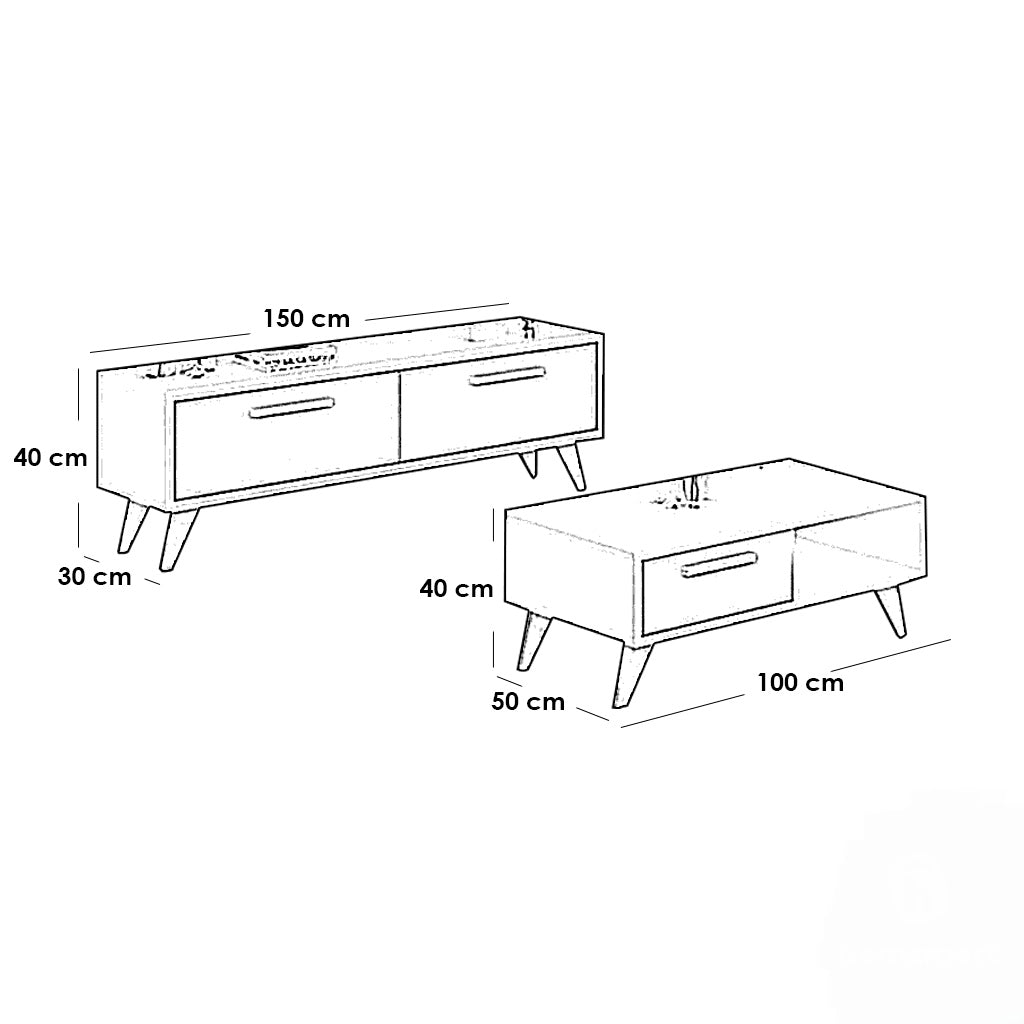 TV unit and coffee table, EU wood, two pieces - white and dark gray - set 134