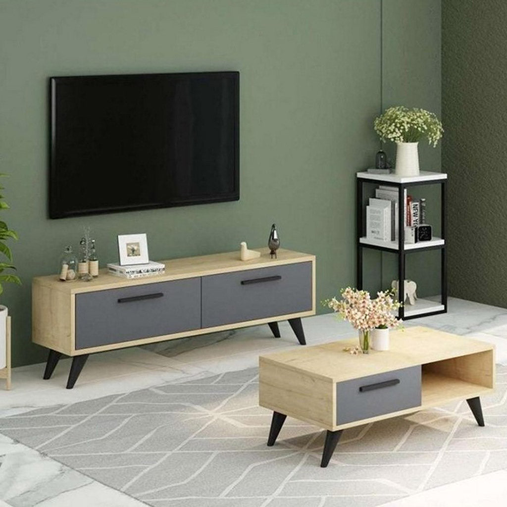 Spanish MDF coffee table and TV stand set, 2 pieces - beige and gray - set 132